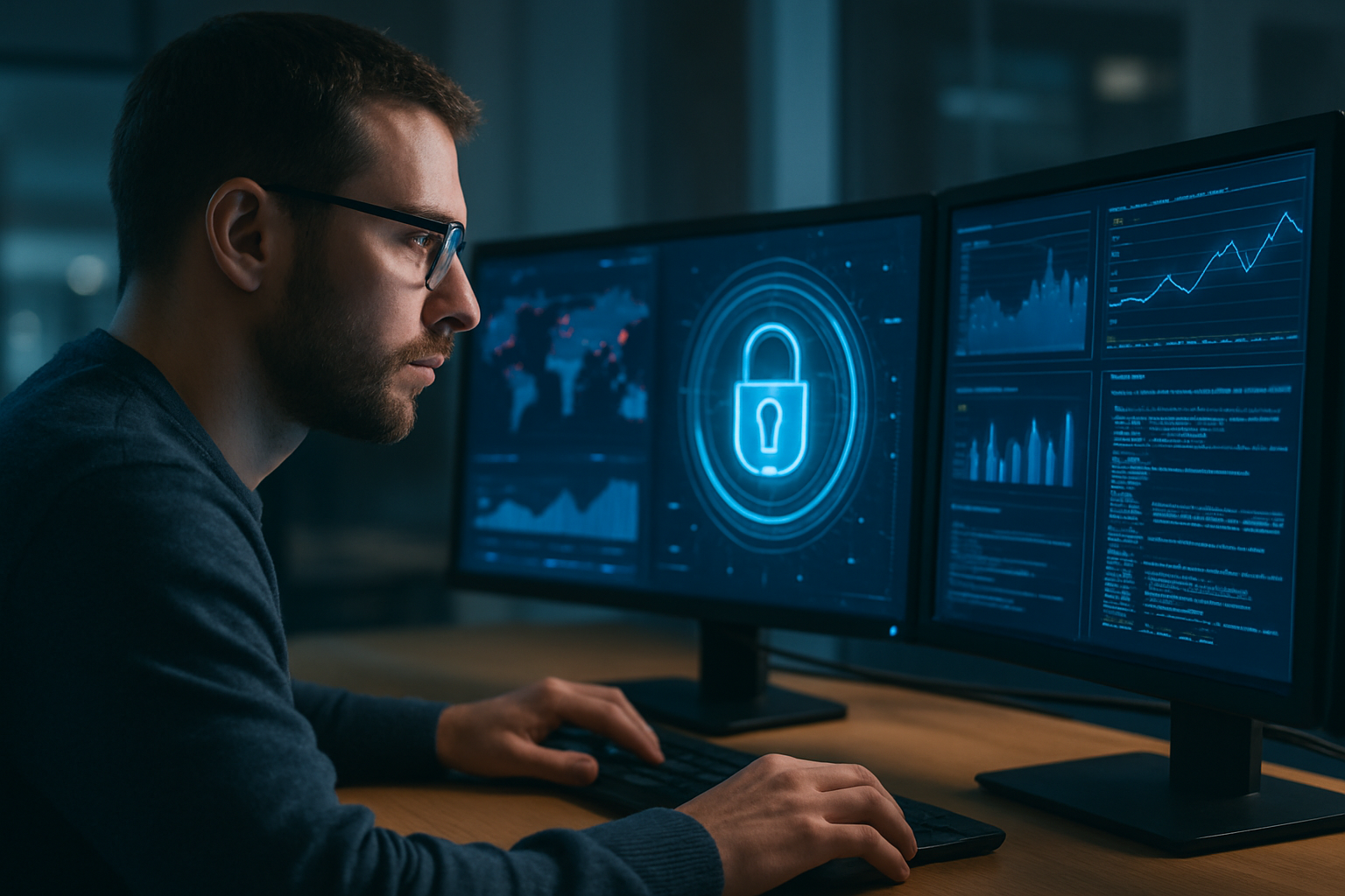 A cybersecurity analyst monitoring digital security dashboards and threat alerts in a modern operations center, representing proactive SecOps strategy and continuous threat detection.