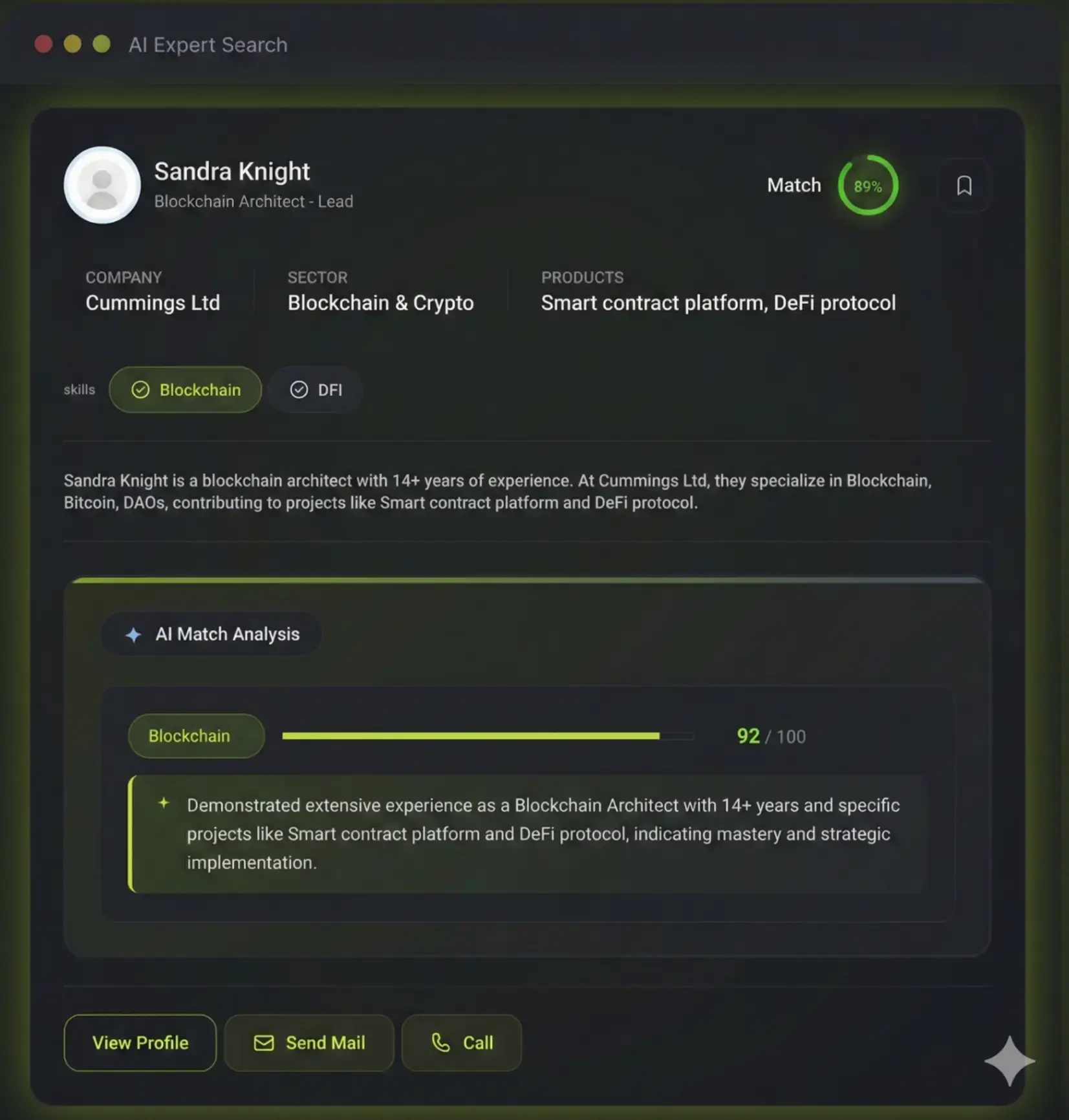 AI Expert Search - Expert profile with match analysis