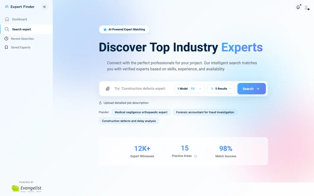 Expert Finder landing page showing search bar and expert metrics.