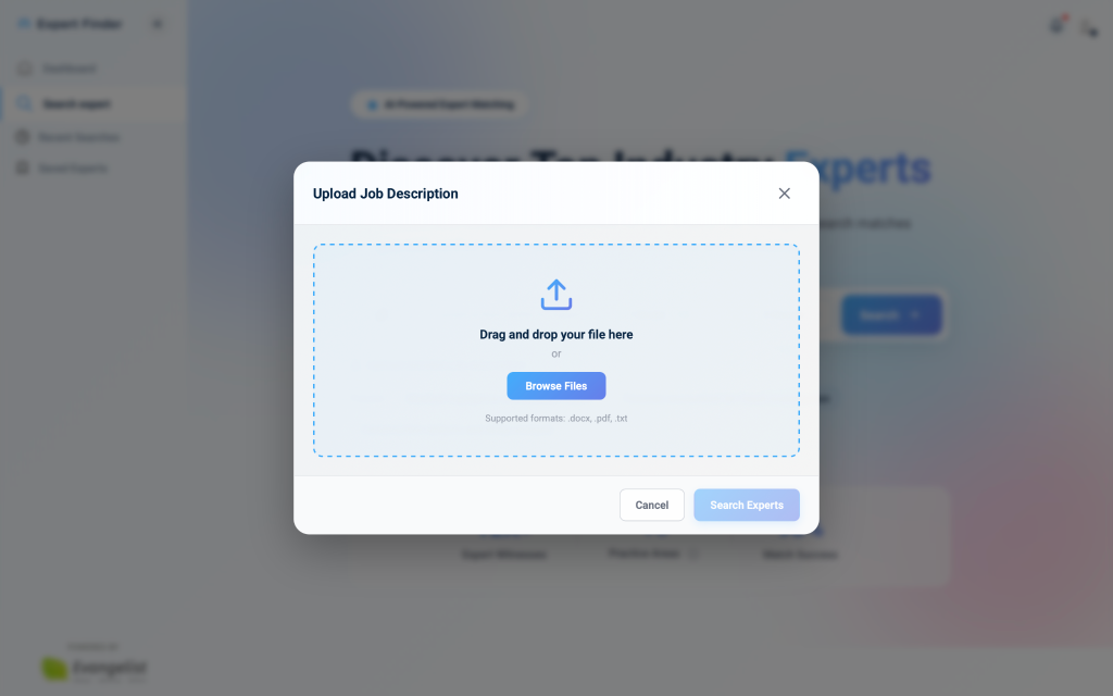 Upload job description modal with drag-and-drop interface.