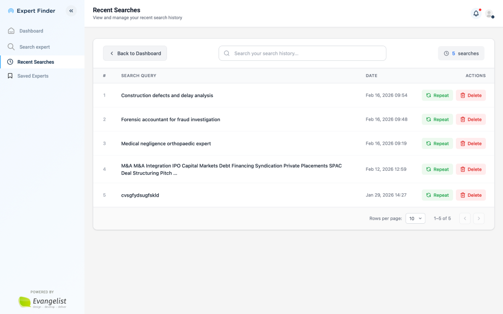 Saved experts dashboard displaying match scores.