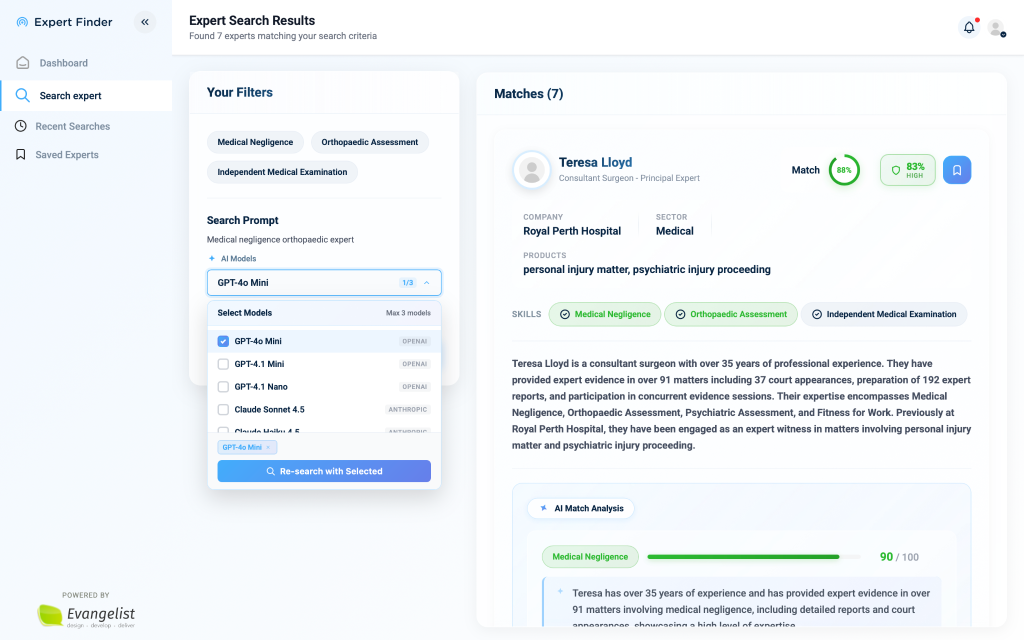 Expert profile showing match percentage and AI match analysis.