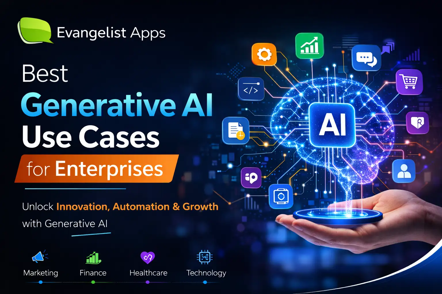 Best Generative AI Use Cases for Enterprises — Evangelist Apps banner showing AI brain with icons for marketing, finance, healthcare, and technology