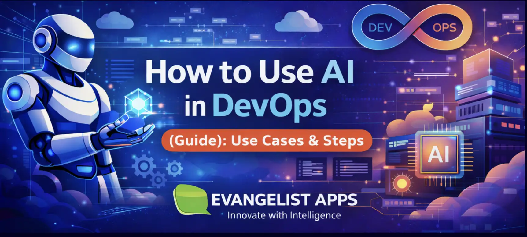 How to use AI in DevOps – visual guide showing AI automation, CI/CD pipelines, and DevOps workflow powered by artificial intelligence
