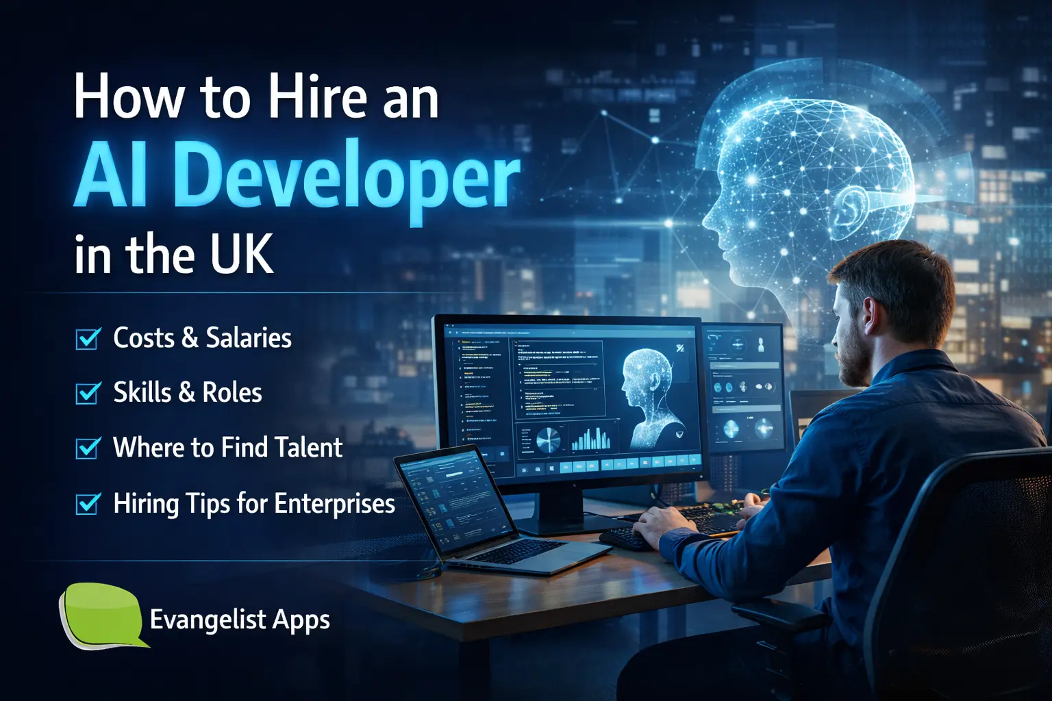 How to hire an AI developer in the UK banner with AI engineer working on machine learning systems and enterprise hiring guide highlights
