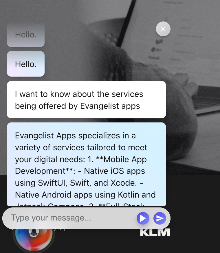 Image showing the AI chatbot assistant built by Evangelist Apps for its own site for intelligent customer support
