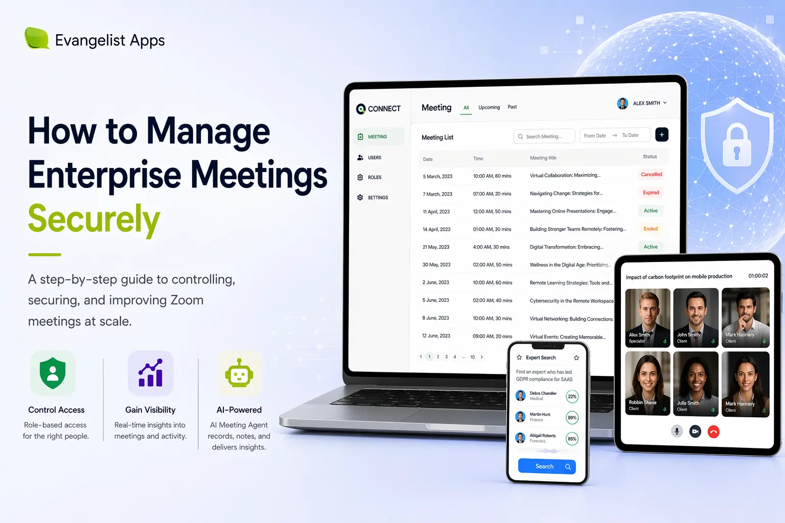 How to manage enterprise meetings securely using a meeting management app with role-based access, admin control, and AI-powered insights