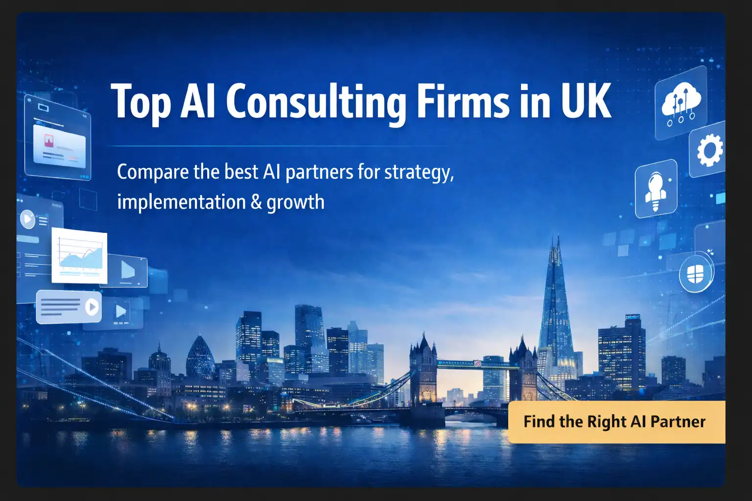 Top AI consulting firms in UK banner with London skyline, AI icons, and a call to action for finding the right AI partner