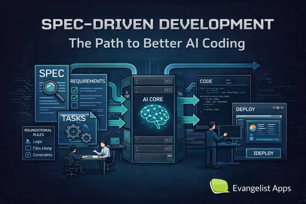 Spec driven development workflow showing spec to AI code pipeline with planning, tasks and deployment