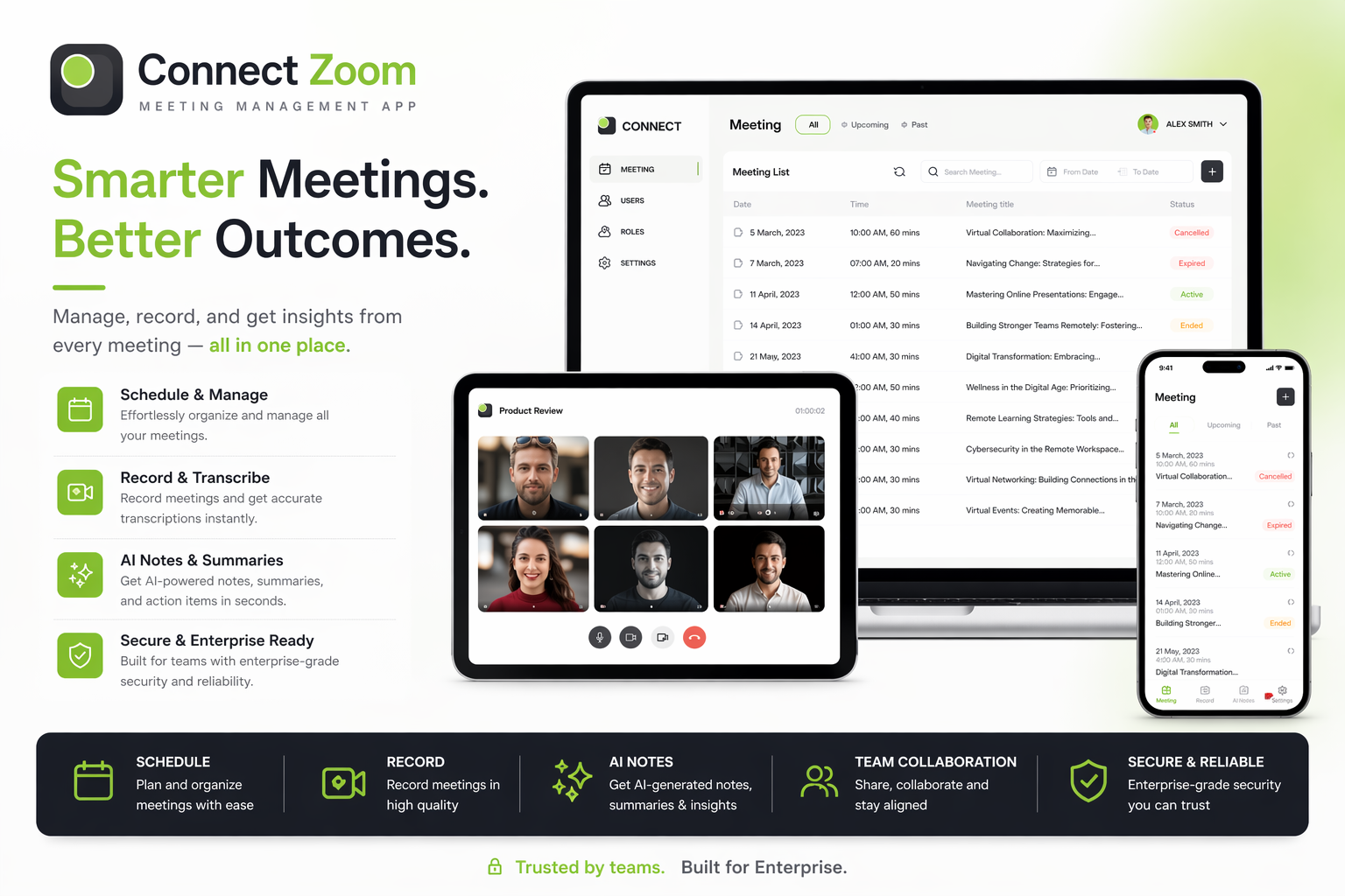 Connect Zoom meeting management app dashboard, tablet, and mobile views