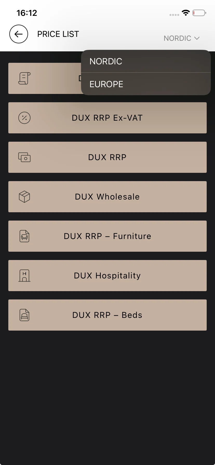 DUX Hub price list categories for the Nordic territory