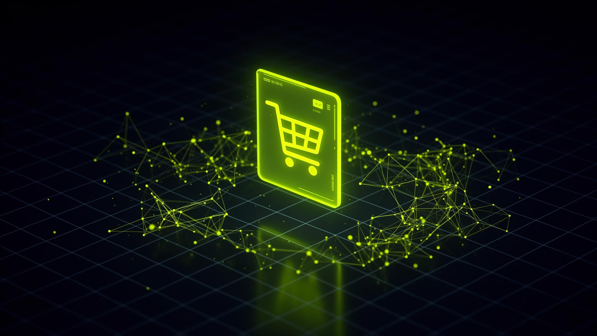 Ecommerce website development illustration with glowing shopping cart on a dark grid