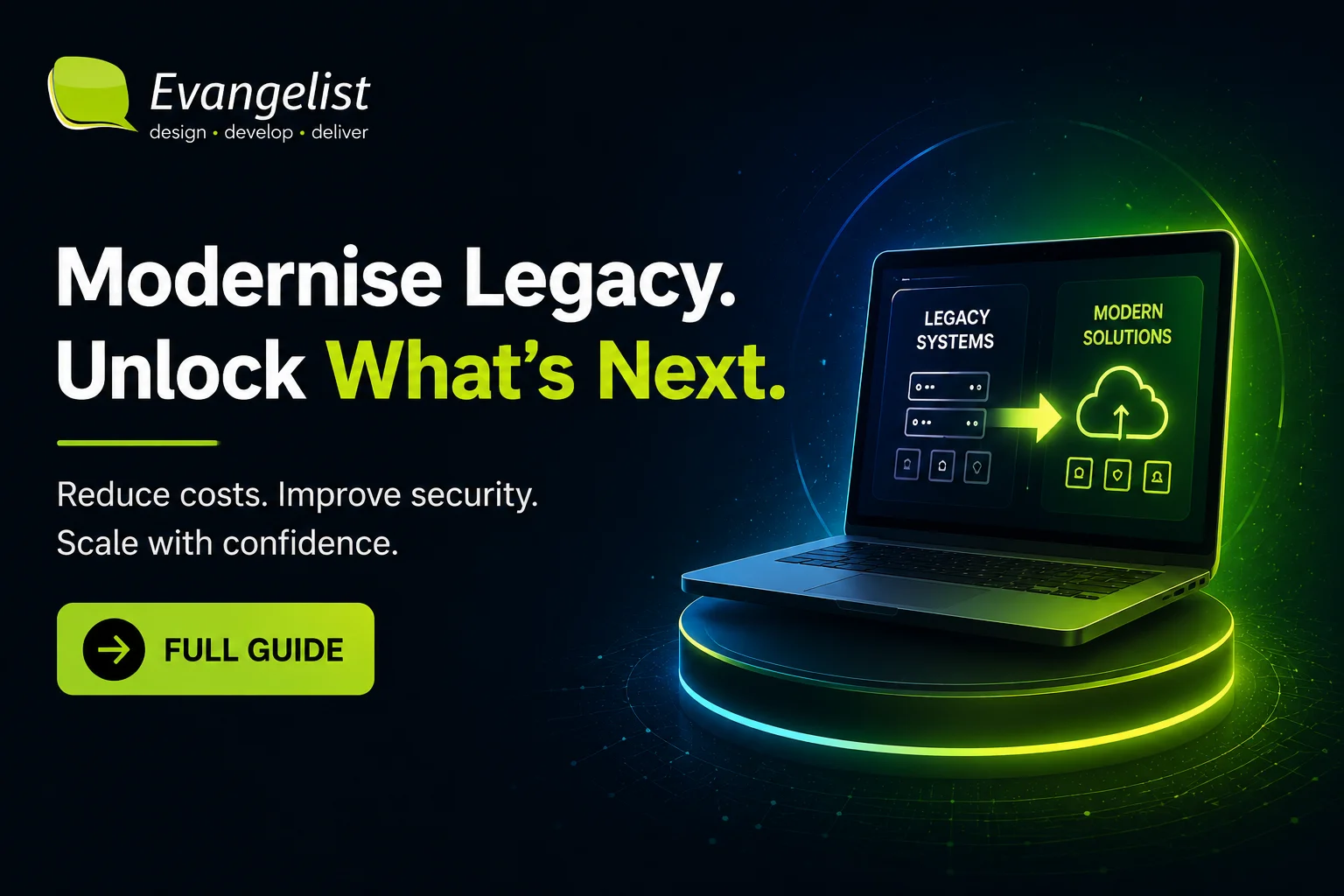 Legacy software modernisation guide banner showing the transition from legacy systems to modern cloud-ready software solutions by Evangelist Apps.