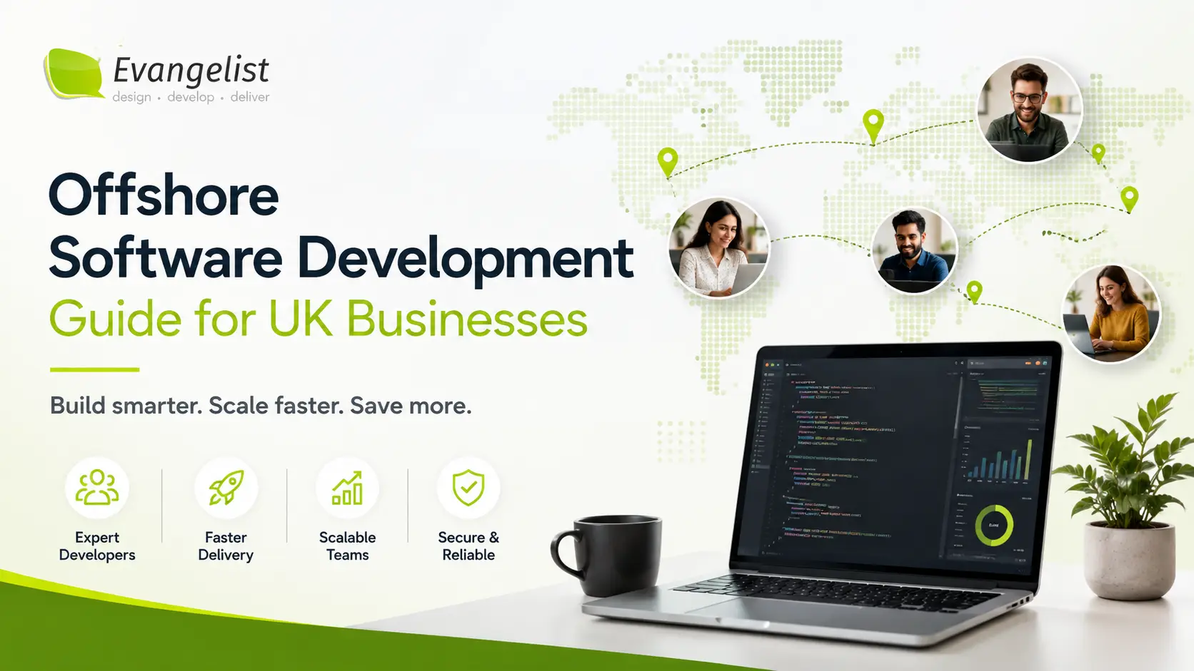 Illustration of offshore software development for UK businesses showing a global software development team, connected world map and Evangelist Apps' offshore software development services.