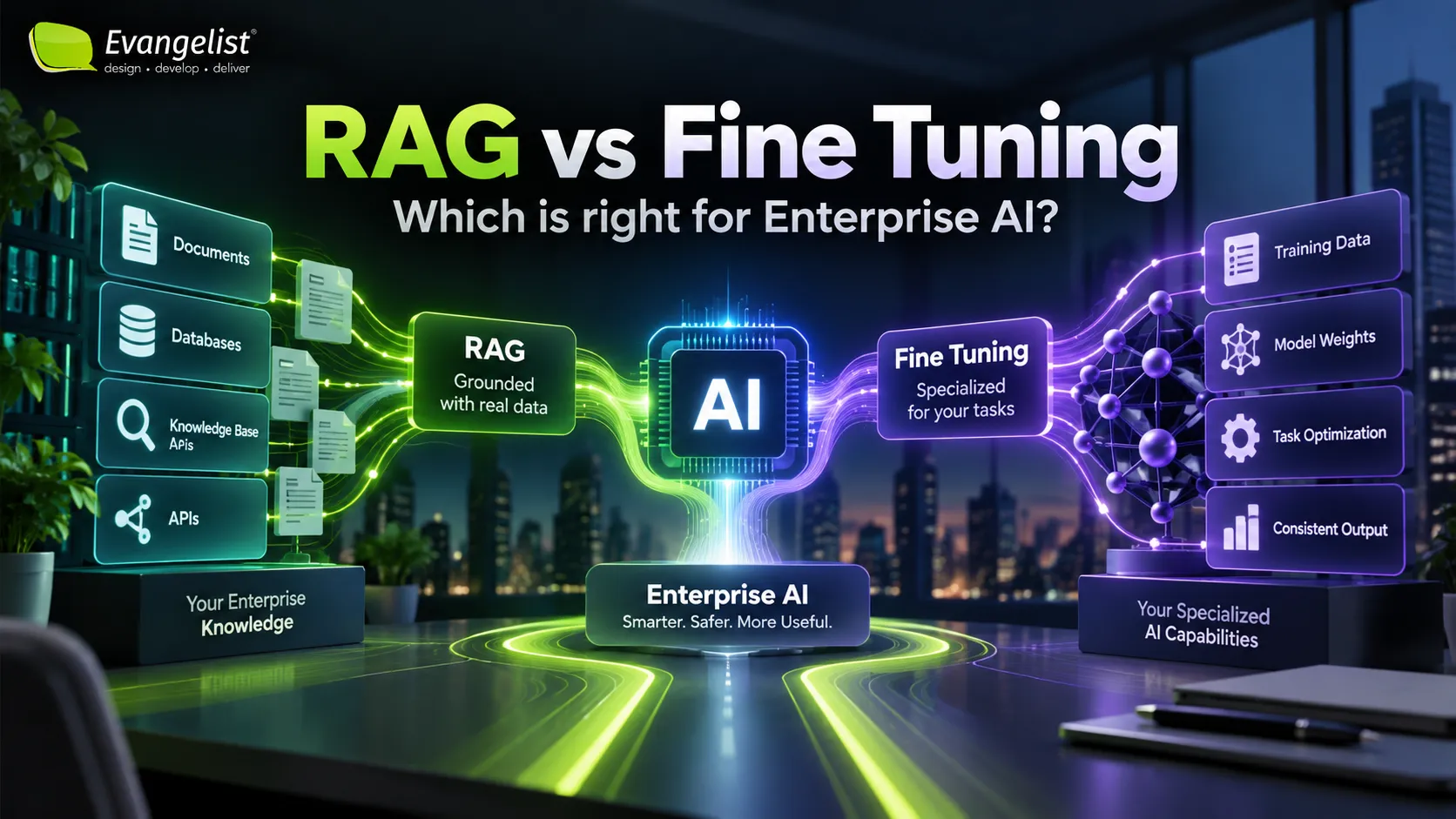 RAG vs fine tuning for enterprise AI, comparing retrieval augmented generation with fine tuning for enterprise knowledge and specialized model behavior